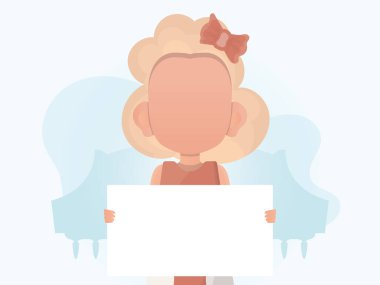 Elinde boş bir pankart tutan küçük bir kız. Duyuru için yer. Çizgi film tarzı. Vektör illüstrasyonu