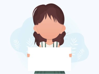 Elinde boş bir pankart tutan küçük bir kız. Toplanın. Düz stil. Vektör illüstrasyonu