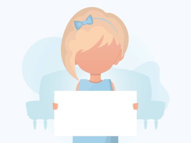 Elinde boş bir pankart tutan küçük bir kız. Reklam afişi. Çizgi film tarzı. Vektör illüstrasyonu