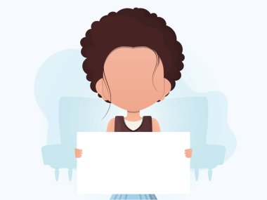 Küçük bir kız elinde boş bir çarşaf tutuyor. Duyuru için yer. Çizgi film tarzı. Vektör illüstrasyonu