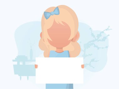 Elinde boş bir pankart tutan küçük bir kız. Duyuru için yer. Düz stil. Vektör illüstrasyonu