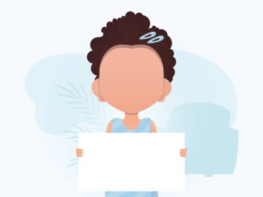 Elinde boş bir pankart tutan küçük bir kız. Toplanın. Çizgi film tarzı. Vektör illüstrasyonu