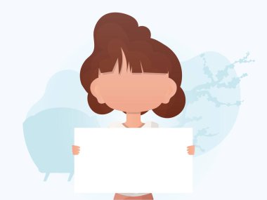 Elinde boş bir pankart tutan küçük bir kız. Reklam afişi. Düz stil. Vektör illüstrasyonu