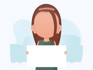 Küçük bir kız elinde boş bir tablet tutuyor. Reklam afişi. Çizgi film tarzı. Vektör illüstrasyonu