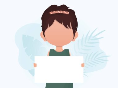 Küçük bir kız elinde boş bir tablet tutuyor. Duyuru için yer. Düz stil. Vektör illüstrasyonu