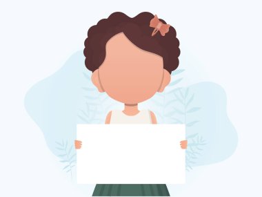 Küçük bir kız elinde boş bir tablet tutuyor. Duyuru için yer. Çizgi film tarzı. Vektör illüstrasyonu