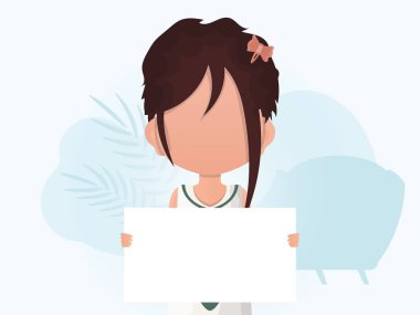 Küçük bir kız elinde boş bir tablet tutuyor. Toplanın. Düz stil. Vektör illüstrasyonu