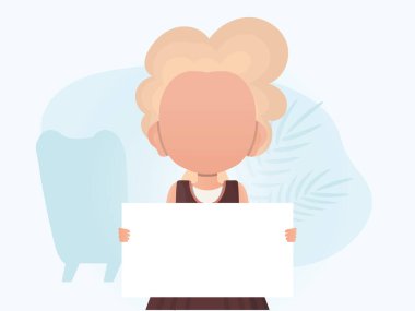 Küçük bir kız elinde boş bir tablet tutuyor. Toplanın. Çizgi film tarzı. Vektör illüstrasyonu