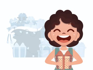 Küçük bir kız bir hediye kutusu tutuyor. Yeni yıl kartı. Düz stil. Vektör illüstrasyonu