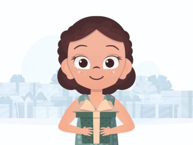 Küçük bir kız elinde bir hediye kutusu tutuyor. Yeni yıl posteri. Çizgi film tarzı. Vektör illüstrasyonu