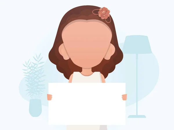 Une Petite Fille Tient Drap Blanc Bannière Publicitaire Cartoon Style — Image vectorielle