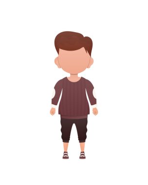 Siyah saçlı, kreş çağında, süveter ve şortlu bir çocuk. İzole edilmiş. Çizgi film tarzında vektör illüstrasyonu.