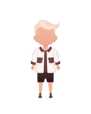 Sarı saçlı, kreş çağında, kısa şortlu bir çocuk. İzole edilmiş. Çizgi film tarzında vektör illüstrasyonu.