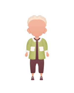 Sarı saçlı, kreş çağında, kısa şortlu bir çocuk. Beyaz arka planda izole edilmiş. Çizgi film tarzında vektör illüstrasyonu.