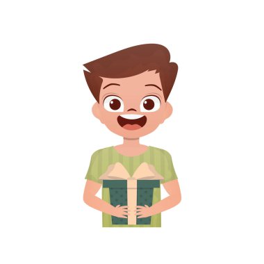 Küçük bir çocuk beline kadar tasvir edilmiş ve elinde yay olan bir kutu tutuyor. Doğum günü, yeni yıl ya da tatil teması. Çizgi film biçimi beyaz arkaplanda izole edildi.