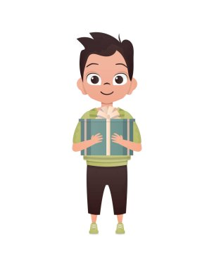 A small boy child is depicted in full growth and holds a gift box in his hands. Birthday, New Year or holidays theme. Cartoon style, isolated.