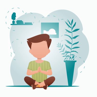 Küçük tatlı bir çocuk lotus pozisyonunda oturuyor ve odada yoga yapıyor. Sağlıklı yaşam konsepti. Çizgi film tarzı. Vektör illüstrasyonu.