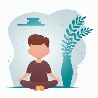 Küçük tatlı bir erkek bebek odada meditasyon yapıyor. Sağlıklı yaşam konsepti. Çizgi film tarzında vektör illüstrasyonu.