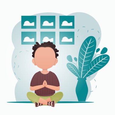 Küçük tatlı bir erkek bebek odada meditasyon yapıyor. Spor ve eğlence konsepti. Çizgi film tarzında vektör illüstrasyonu.