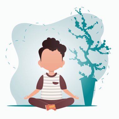 Küçük tatlı bir erkek bebek odada meditasyon yapıyor. Spor ve eğlence konsepti. Çizgi film tarzı. Vektör illüstrasyonu.