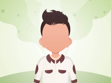 Küçük şirin bir çocuğun portresi. Odada çocuğu olan bir pankart. Çizgi film tarzı. Vektör illüstrasyonu.