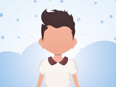 Küçük şirin bir çocuğun portresi. Odada çocuğu olan bir pankart. Çizgi film tarzı. Vektör illüstrasyonu.