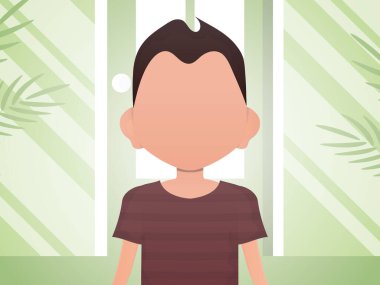 Küçük şirin bir çocuğun portresi. Çocuklu bir poster. Çizgi film tarzı. Vektör illüstrasyonu.