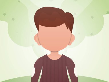 Küçük şirin bir çocuğun portresi. Odada çocuk olan bir poster. Çizgi film tarzı. Vektör illüstrasyonu.