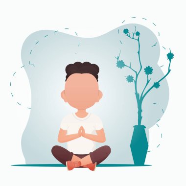 Küçük tatlı bir erkek çocuk nilüfer pozisyonunda oturur ve odada yoga yapar. Sağlıklı yaşam konsepti. Çizgi film tarzında vektör illüstrasyonu.