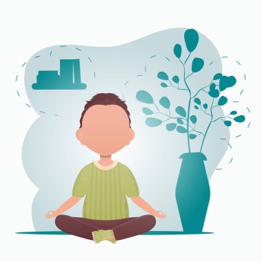 Odada yoga yapan tatlı bir oğlan çocuğu. Sağlıklı yaşam konsepti. Çizgi film tarzında vektör illüstrasyonu.