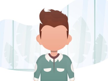 Sevimli bir anaokulu çocuğunun portresi. Odada çocuk olan bir poster. Çizgi film tarzında vektör illüstrasyonu.