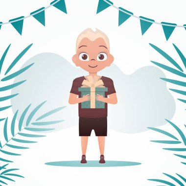 Çocuk büyümüş, elinde fiyonklu bir hediye kutusu tutuyor. Doğum günü, yeni yıl ya da tatil teması. Çizgi film tarzında vektör illüstrasyonu.