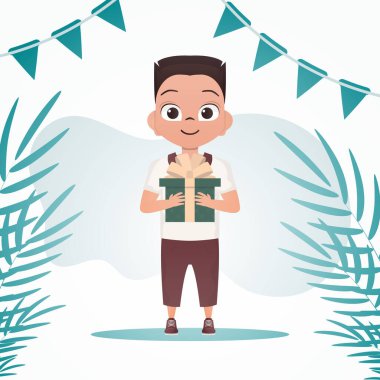 Çocuk büyümüş, elinde yay olan bir hediye tutuyor. Tatil teması. Çizgi film tarzı. Vektör illüstrasyonu.