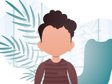 Küçük şirin bir çocuğun portresi. Odada çocuğu olan bir pankart. Çizgi film tarzında vektör illüstrasyonu.