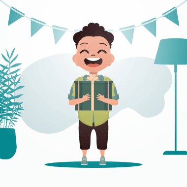 Çocuk büyümüş, elinde fiyonklu bir hediye kutusu tutuyor. Tatil teması. Çizgi film tarzında vektör illüstrasyonu.