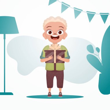 Neşeli çocuk elinde yay olan bir kutuyu tutuyor. Tatil teması. Çizgi film tarzında vektör illüstrasyonu.