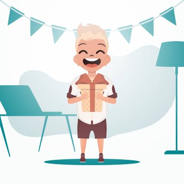 Çocuk büyümüş, elinde fiyonklu bir hediye kutusu tutuyor. Tatil teması. Çizgi film tarzı. Vektör illüstrasyonu.