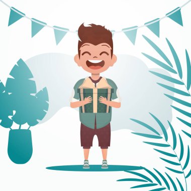 Neşeli çocuk elinde yay olan bir kutuyu tutuyor. Doğum günü, yeni yıl ya da tatil teması. Çizgi film tarzında vektör illüstrasyonu.