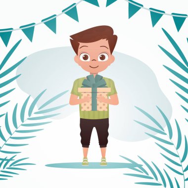 Çocuk büyümüş, elinde fiyonklu bir hediye kutusu tutuyor. Doğum günü, yeni yıl ya da tatil teması. Çizgi film tarzı. Vektör illüstrasyonu.