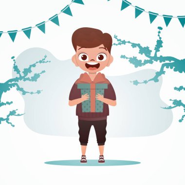 Mutlu çocuk elinde yay olan bir kutuyu tutuyor. Doğum günü, yeni yıl ya da tatil teması. Çizgi film tarzı. Vektör illüstrasyonu.