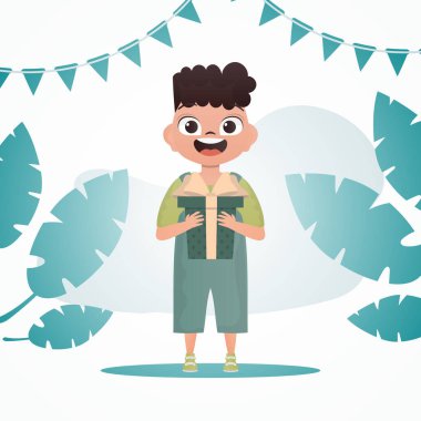 Mutlu çocuk elinde yay olan bir kutuyu tutuyor. Tatil teması. Çizgi film tarzı. Vektör illüstrasyonu.