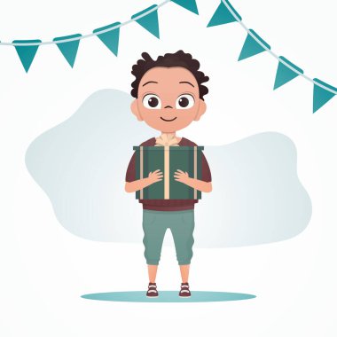 Mutlu çocuk ayağa kalkar ve elinde bir yayla bir hediye tutar. Tatil teması. Çizgi film tarzı. Vektör illüstrasyonu.