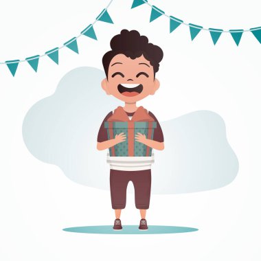 Happy child boy stands and holds a gift with a bow in his hands. Holidays theme. Vector illustration in cartoon style.
