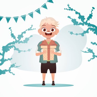 Mutlu çocuk elinde yay olan bir kutuyu tutuyor. Tatil teması. Çizgi film tarzında vektör illüstrasyonu.