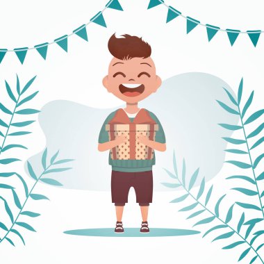 Mutlu çocuk ayağa kalkar ve elinde bir yayla bir hediye tutar. Doğum günü, yeni yıl ya da tatil teması. Çizgi film tarzında vektör illüstrasyonu.