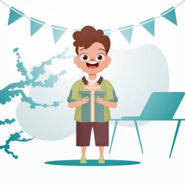 Mutlu çocuk elinde yay olan bir kutuyu tutuyor. Doğum günü, yeni yıl ya da tatil teması. Çizgi film tarzında vektör illüstrasyonu.