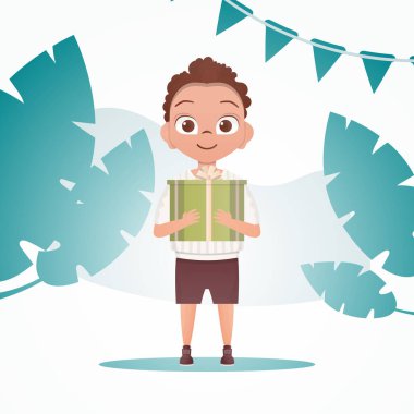 Mutlu çocuk ayağa kalktı ve elinde bir yay olan hediye kutusunu tuttu. Doğum günü, yeni yıl ya da tatil teması. Çizgi film tarzında vektör illüstrasyonu.