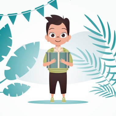 Mutlu çocuk ayağa kalktı ve elinde bir yay olan hediye kutusunu tuttu. Doğum günü, yeni yıl ya da tatil teması. Çizgi film tarzı. Vektör illüstrasyonu.