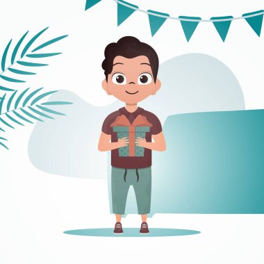 Mutlu çocuk ayağa kalktı ve elinde bir yay olan hediye kutusunu tuttu. Tatil teması. Çizgi film tarzında vektör illüstrasyonu.