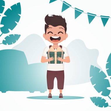 Çocuk büyümüş, elinde yay olan bir kutu tutuyor. Doğum günü, yeni yıl ya da tatil teması. Çizgi film tarzı. Vektör illüstrasyonu.